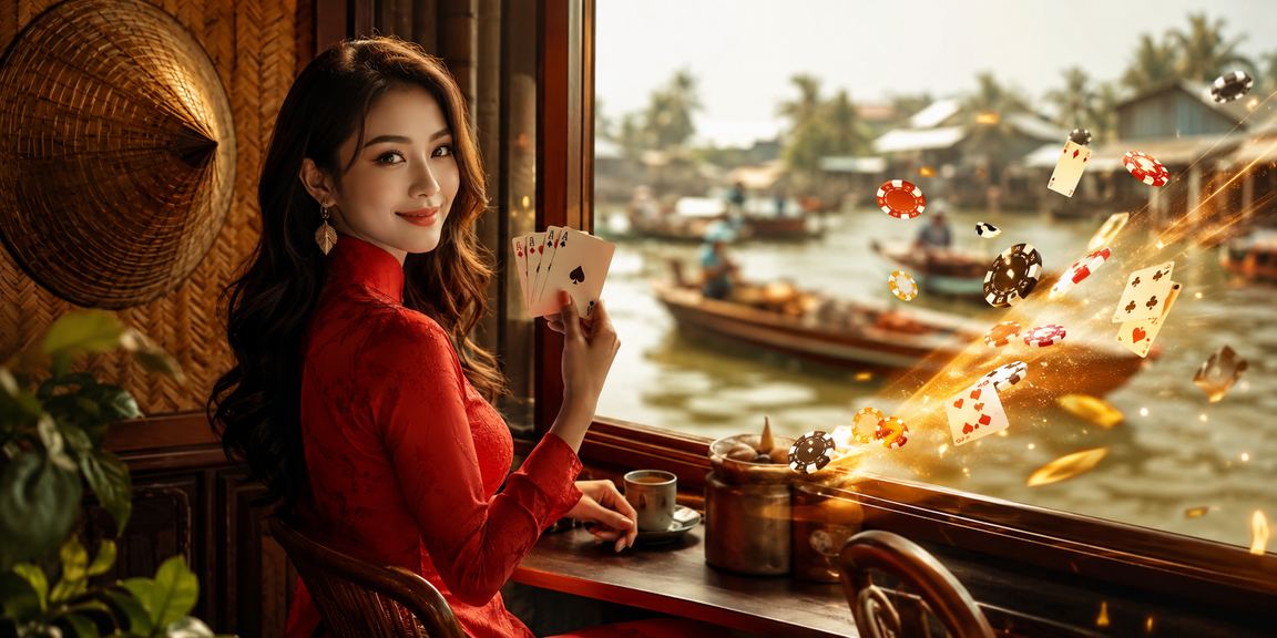 Người chơi bài truyền thống Mekong trải nghiệm game bài online trên máy tính bảng trong trang phục áo dài